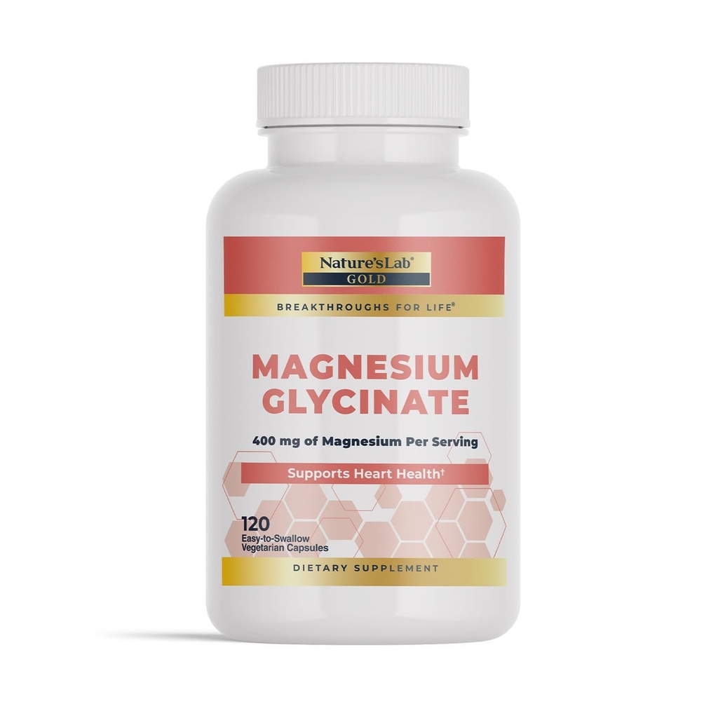 Nature 's Lab Gold Magnesium Glycinate 400mg - Understøtter kardiovaskulær sundhed, muskel & nerve funktion * - 120 kapsler (30 dages forsyning)