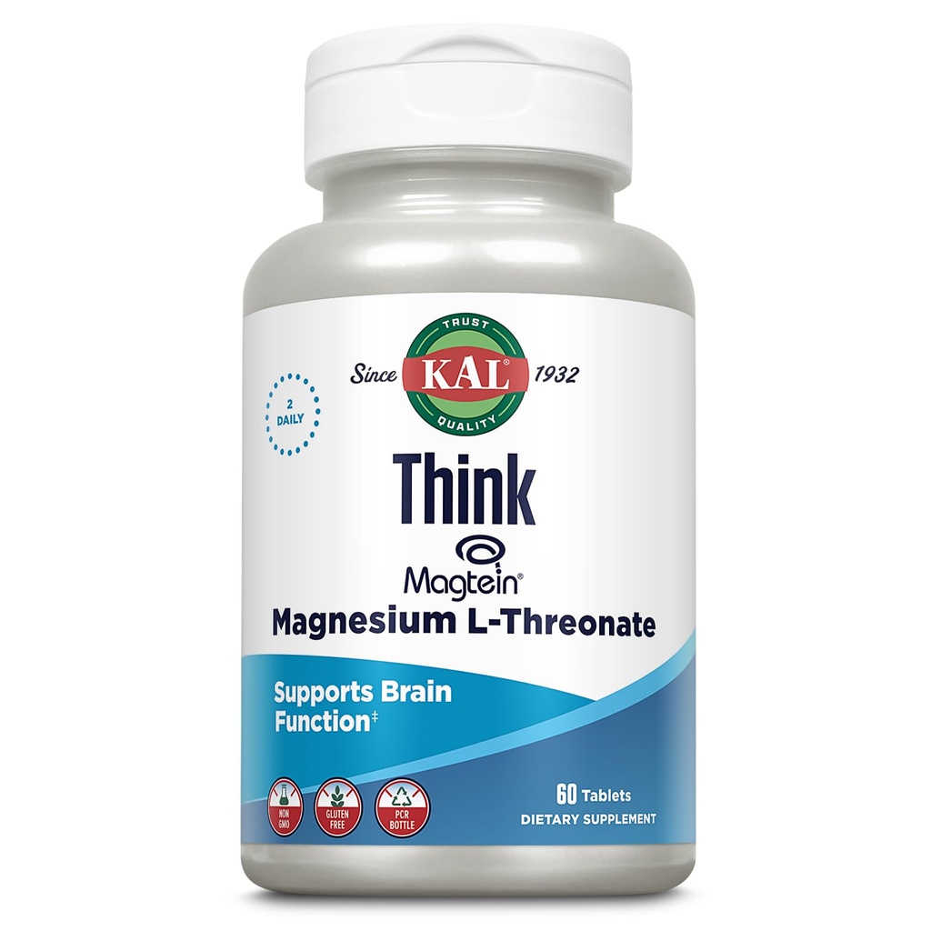 KAL Tænk på Magnesium L- Threonat 2000 mg 1 124; Learning, Brain Health & Memory Function Support w / Magtein 1 124; Vegan, No Gluten & Non- GMO 2 124; 60 tabletter