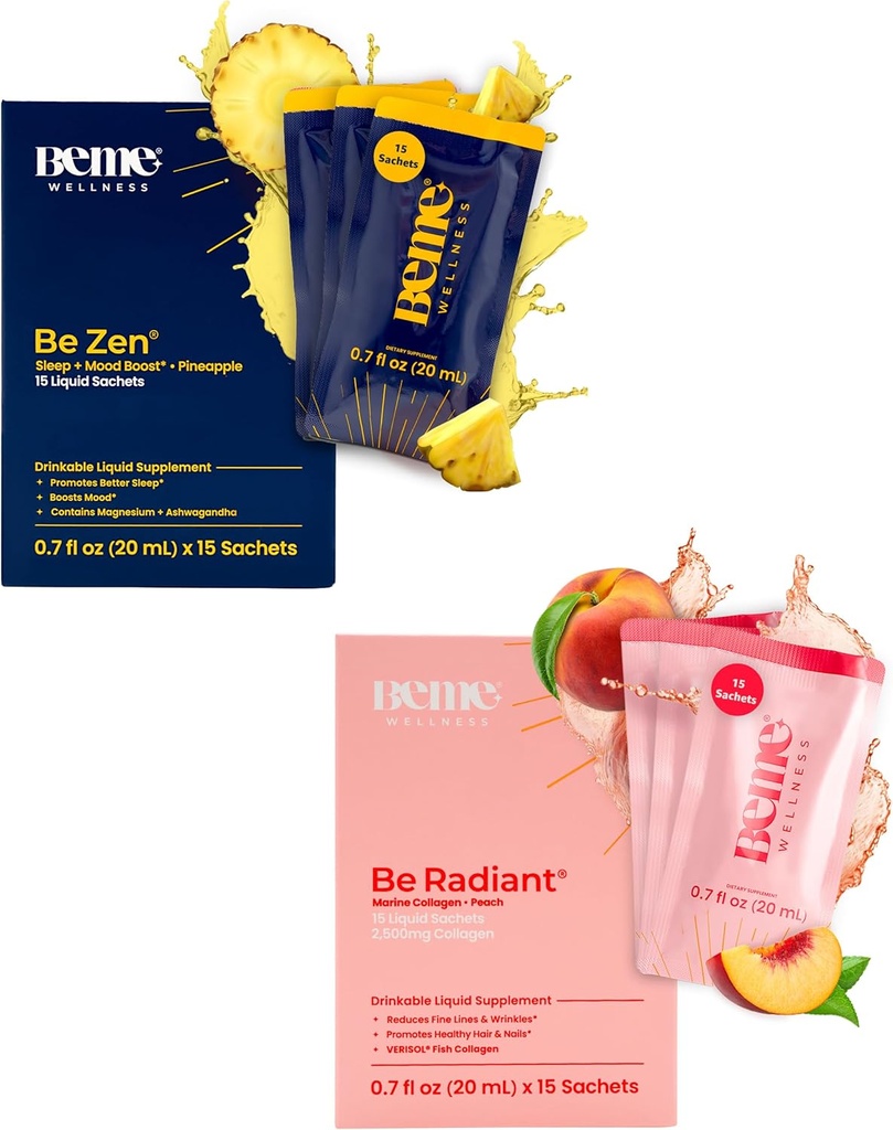 BeMe BeRadiant Peach & BeZen Bundle - Flydende kollagen & Magnesium Glycinate L- Theanin Kosttilskud