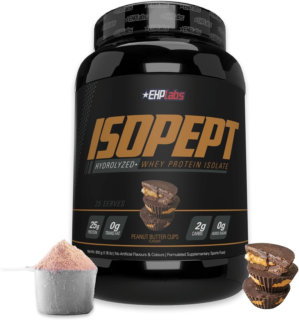 IsoPept Hydrolyzed Whey Protein Powder by EHPabs - 100% Whey Protein Isolate & Hydrolysat, 27g protein, Non-GMO, Gluten Free, Fast Absorbing, Easy Digesting, 27 Server (Peanut Butter Cups)