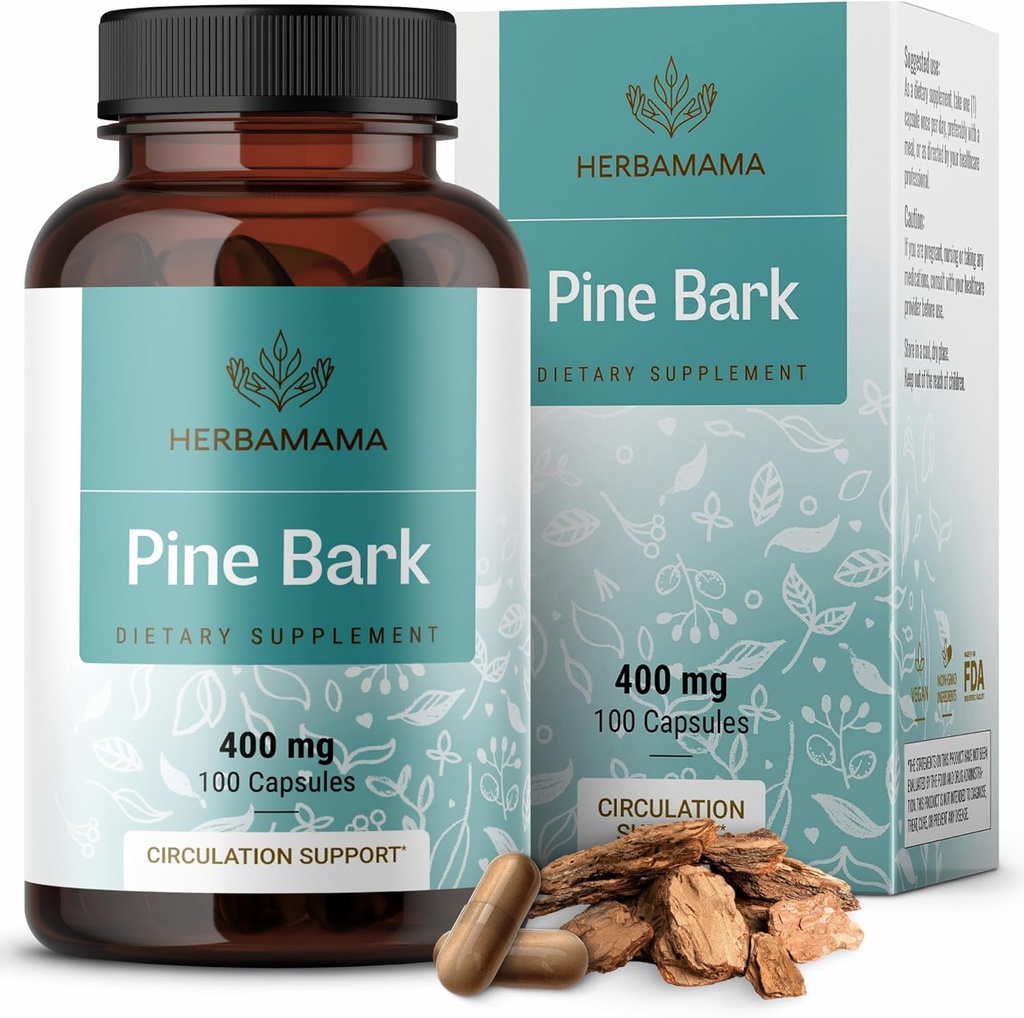 HERBAMAMA Pine Bark Extract Kapsler - 400mg Fransk Maritime Pine Bark Extract Powder for Antioxidant Support - Vegan, Non- GMO Pinus Pinaster Supplement