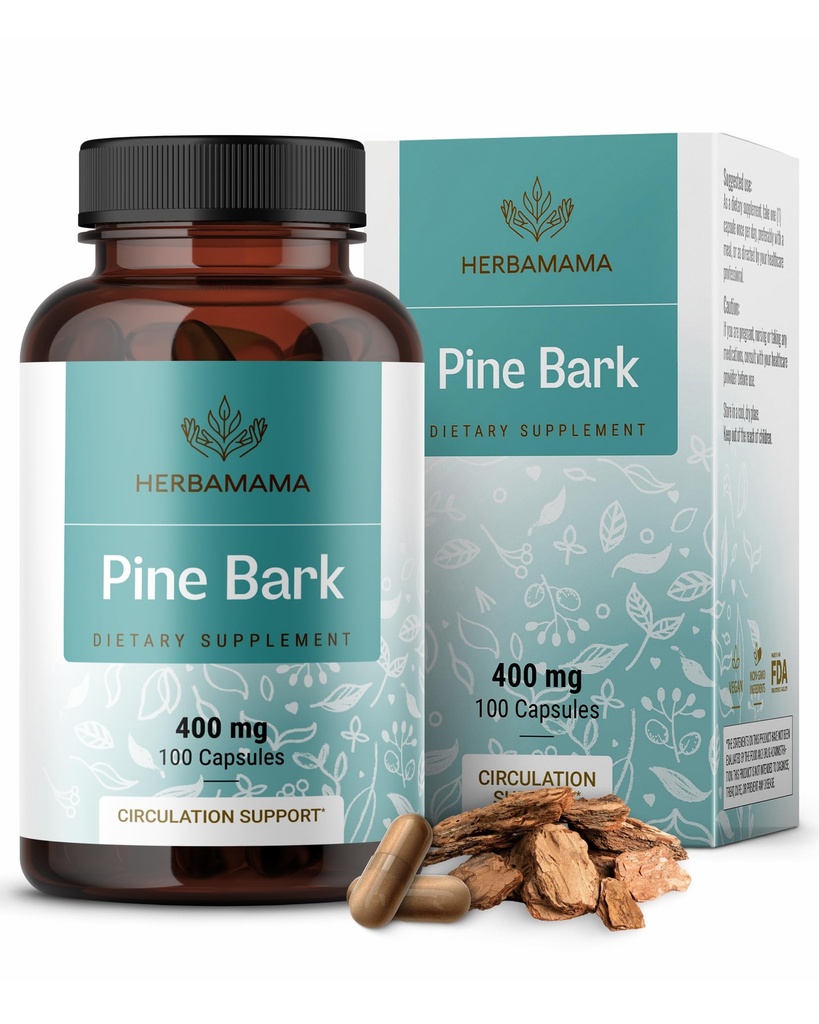 HERBAMAMA Pine Bark Extract Kapsler - 400mg Fransk Maritime Pine Bark Extract Powder for Antioxidant Support - Vegan, Non- GMO Pinus Pinaster Supplement