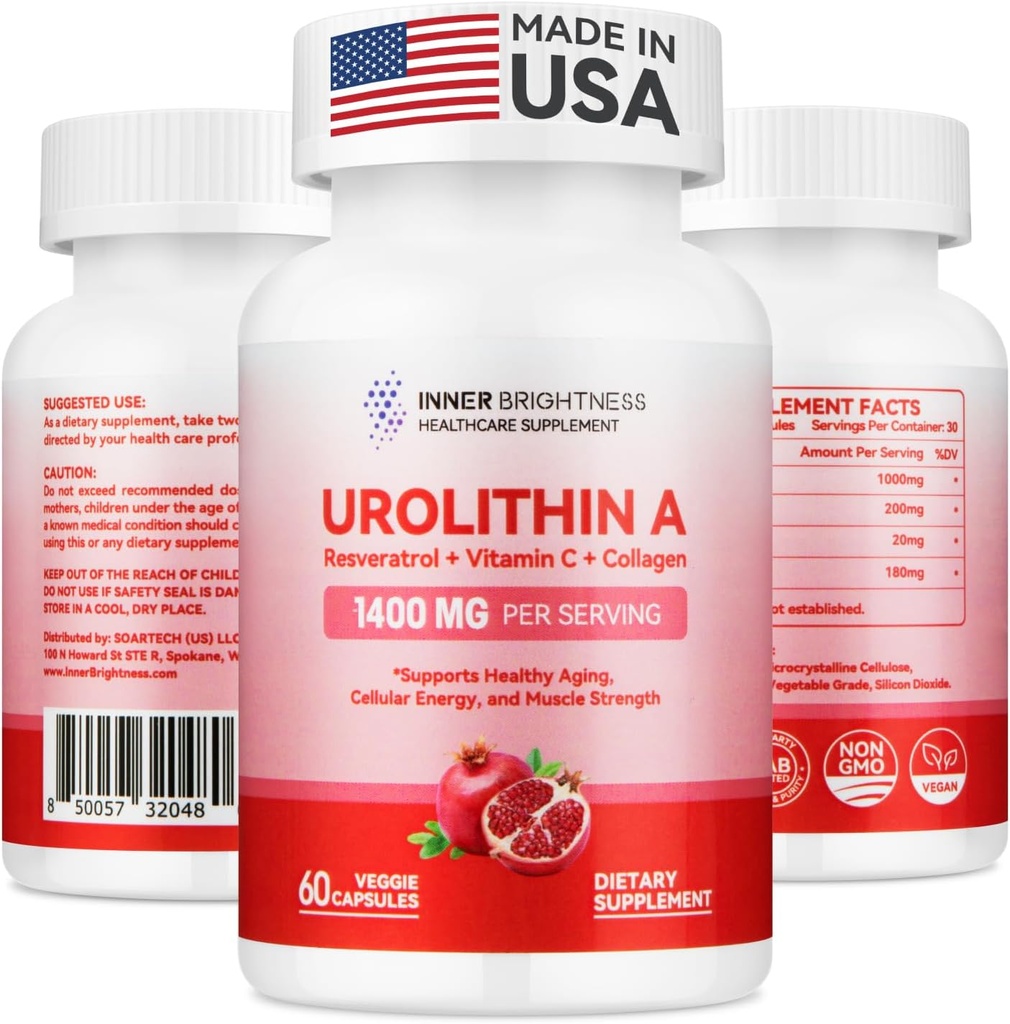 Urolithin A Supplement 1400 MG - Non- GMO, Gluten- Free, Anti- Aging, Cellular Fornyelse, Muskelstyrke, Endurance & Longevity Support, Liposomal Urolithin A, 60 Greve