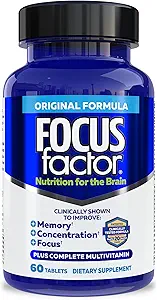 Focus Factor Nutrition for The Brain, Forbedret hukommelse og koncentration hjerne supplement, Komplet Multivitamin med vitaminer B6, B12, D, Bacopa Monnieri & Tyrosine, 60 Greve (2 Pack)