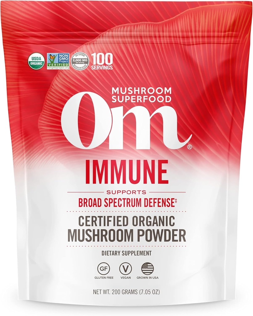 OM MUSHROOM SUPERFOOD Immunblend Mushroom Powder Superfood Supplement, 7.05 Ounce Pouch, 100 Servere, Mushroom Blend, Reishi & Turkey Tail; Daglig immunsupportsupplement