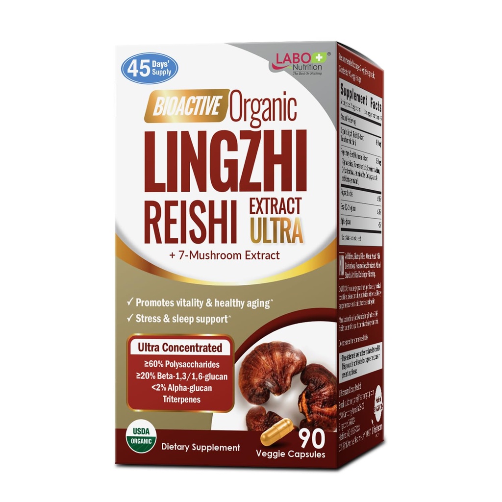 Labo Nutrition Bioactive Organic Lingzhi Reishi Ultra 7 Mushroom Extract Supplement Reishi Cordyceps Maitake Tyrkiet Tail Agaricus blazei Murill Shiitake for immunforsvar, Vitality, USDA Organic