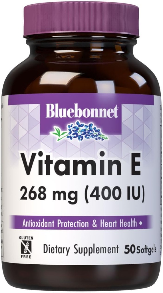 Bluebonnet Nutrition Vitamin E 400 IE (268 mg) Blandede tocopheroler Softels, Free Radical Portection & Cardiovaskulær Support, Gluten- Free, Dairy- Free, 50 Softgels, 50 Servere