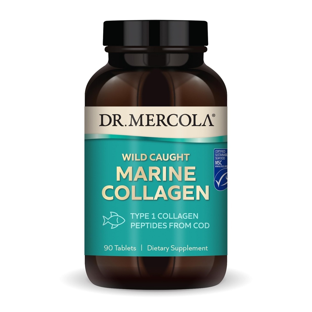 Dr. Mercola Wild fanget Marine Collagen, 30 Servere (90 tabletter), Type I Collagen Peptider, Kosttilskud, fremmer ungdommelig udseende, ikke-GMO, MSC Certificeret
