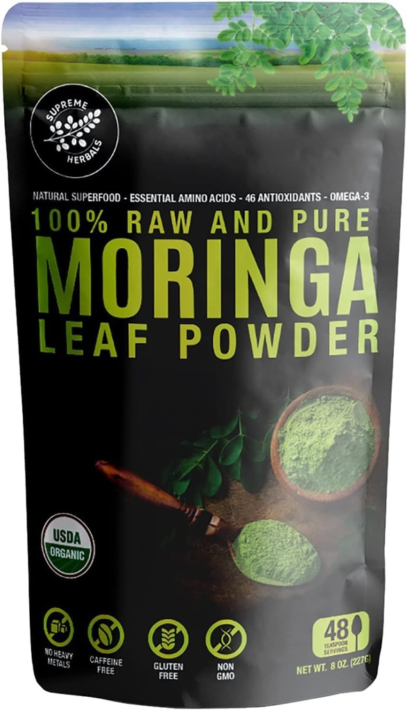 100% råt og rent Moringa Leaf pulver. Organisk certificeret Moringa Leaf. Naturlig superfood med essentielle aminosyrer, antioxidanter, og Omega 3, 8 oz resealable taske.