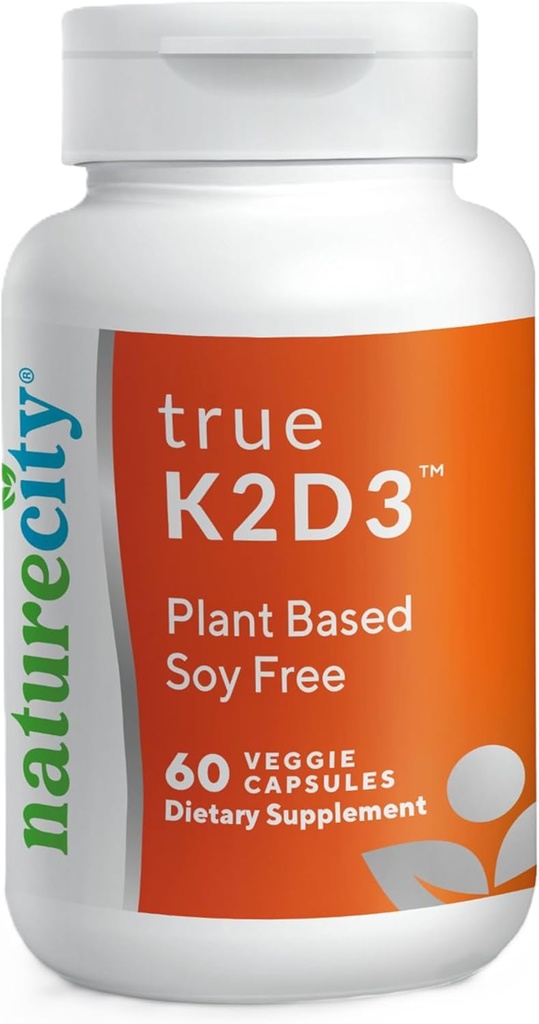 NatureCity TrueK2D3 Plant Based Vitamin K2 MK7 (90 mcg) & D3 fra Alger (2.500 IE) 2 i 1 Vitamin D3 K2 tillæg for ben, hjerte og immunforsvar - 60 Veggie kapsler