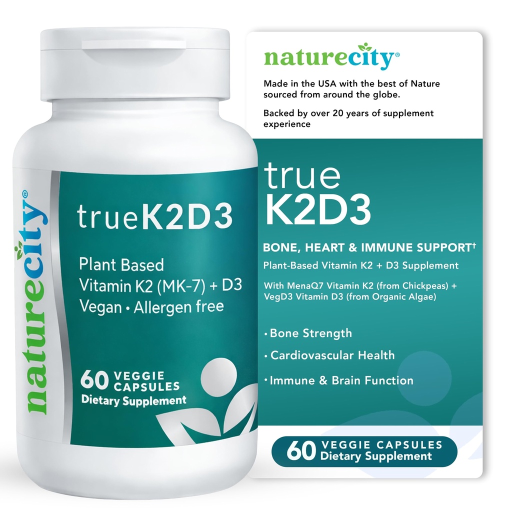 NatureCity TrueK2D3 Plant Based Vitamin K2 MK7 (90 mcg) & D3 fra Alger (2.500 IE) 2 i 1 Vitamin D3 K2 tillæg for ben, hjerte og immunforsvar - 60 Veggie kapsler