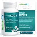 NatureCity TrueK2D3 Plant Based Vitamin K2 MK7 (90 mcg) & D3 fra Alger (2.500 IE) 2 i 1 Vitamin D3 K2 tillæg for ben, hjerte og immunforsvar - 60 Veggie kapsler