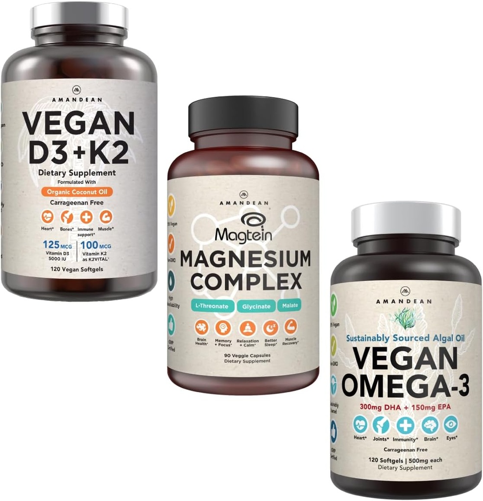 AMANDEAN Premium Magnesium Complex, Vegan Omega 3, Vegan D3 + K2 Bundle. Plant-baseret immunforsvar. Alger DHA & EPA. Quality Sleep, Focus & Mood. Støtte sundt hjerte, hjerne, joints & øjne