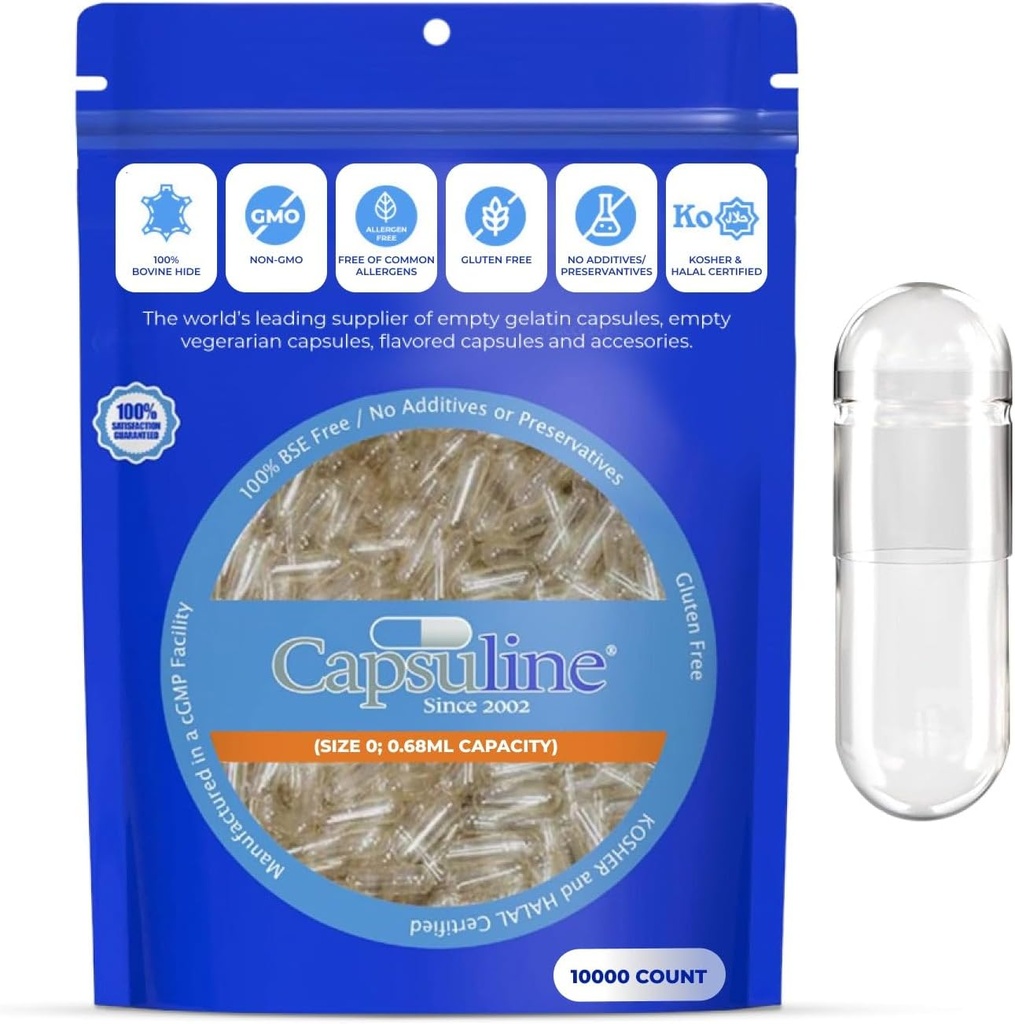 Capsuline Size 0 Empty Gelatin Capsules, Clear - 10000 Count | Gluten Free, Kosher, Non-GMO Certified | Pure Bovine Pill Caps for DIY Supplement Filling