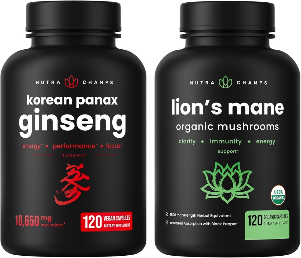 NutraChamps Koreanske Ginseng Kapsler og Lions Mane Kapsler 2 Pack Bundle