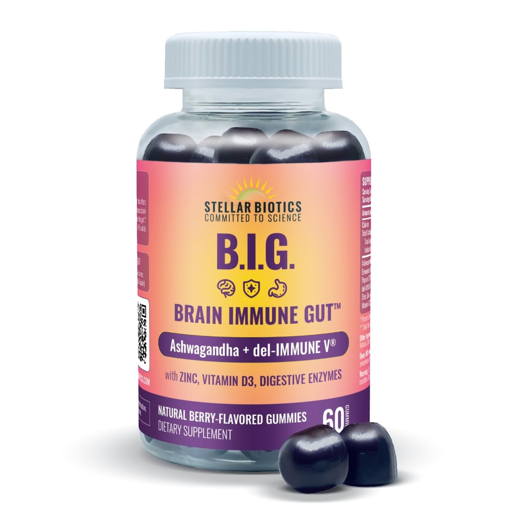 Del- immunV + Ashwagandha - Brain immun Gut ™ (B.I.G.) Gummy - al naturlig immun- og tandkødsstøtte med zink, D3- vitamin + fordøjelsesenzymer (60 gummier)
