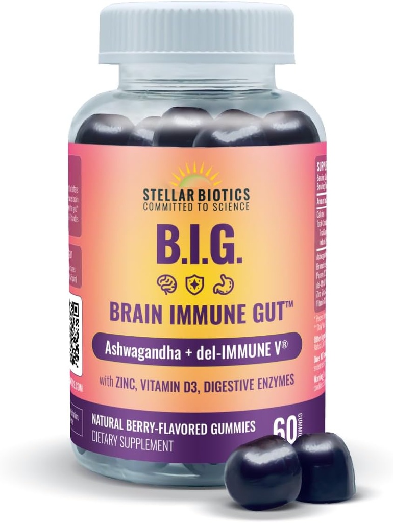 Del- immunV + Ashwagandha - Brain immun Gut ™ (B.I.G.) Gummy - al naturlig immun- og tandkødsstøtte med zink, D3- vitamin + fordøjelsesenzymer (60 gummier)