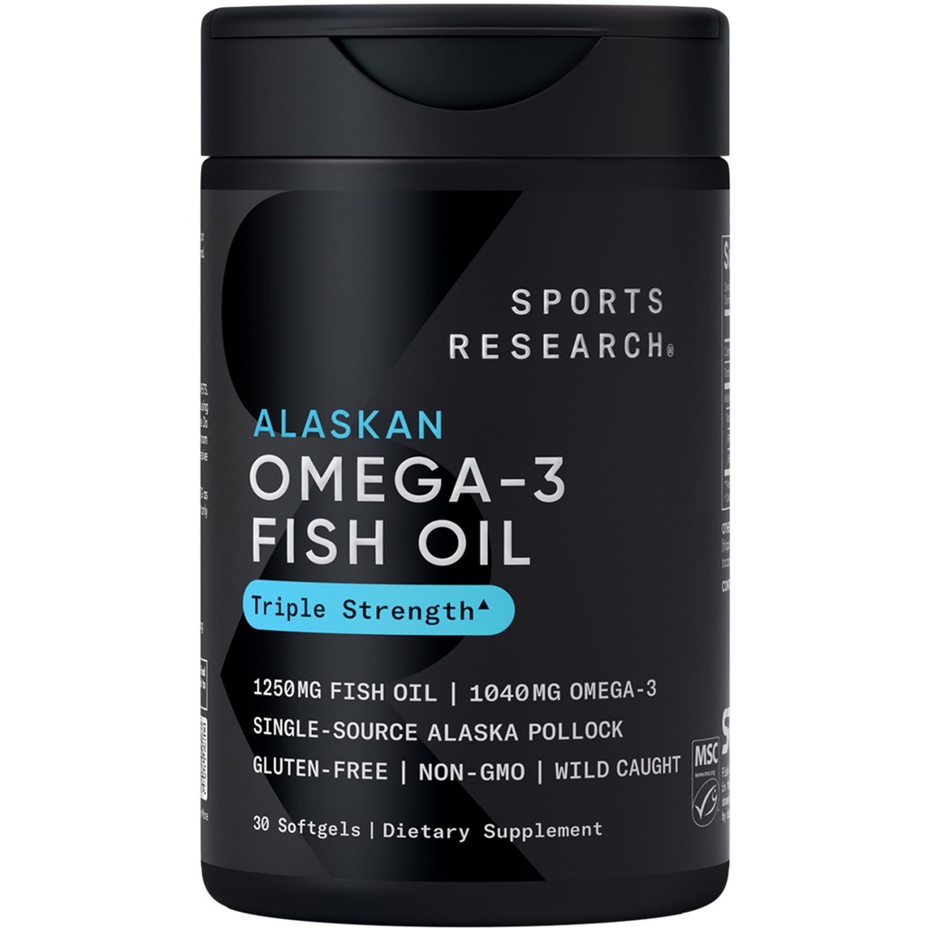Sports Research Triple Strength Omega 3 Fish Oil 1250mg fra Wild Alaska Pollock - Burpless Fish Oil Supplement med Omega-3 EPA & DHA - bæredygtigt sømmet, ikke-GMO, Gluten Free - 30 Softgels