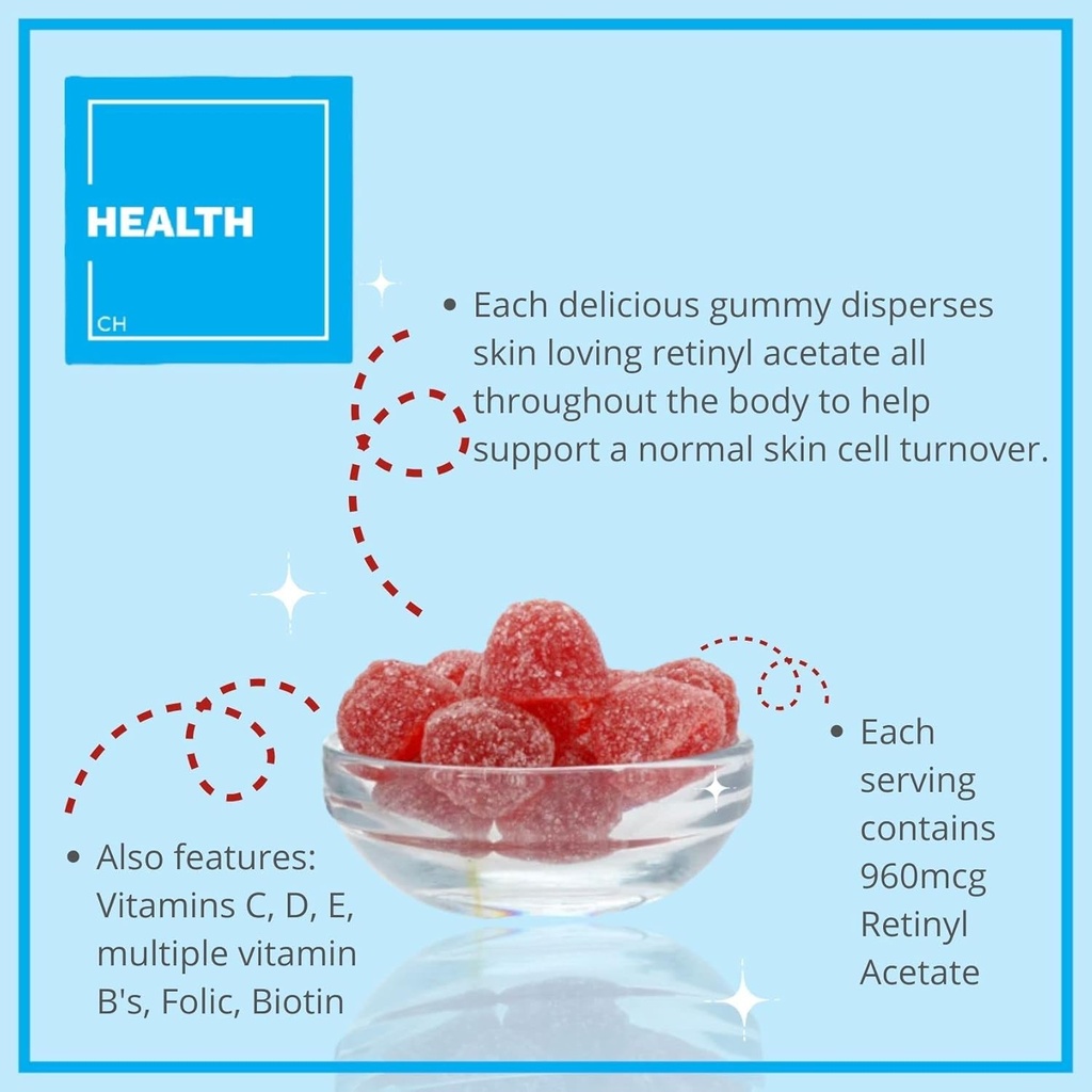 Consult Health Regenerol - Multivitamin Retinol Gummy - Anti-Aging Vitamin A Supplement - Glowing, Youthful & Clear Skin Strong Hair & Nails - Vitamin B6, B12, C,D3, Folic Acid, Zinc - 60 Gummies