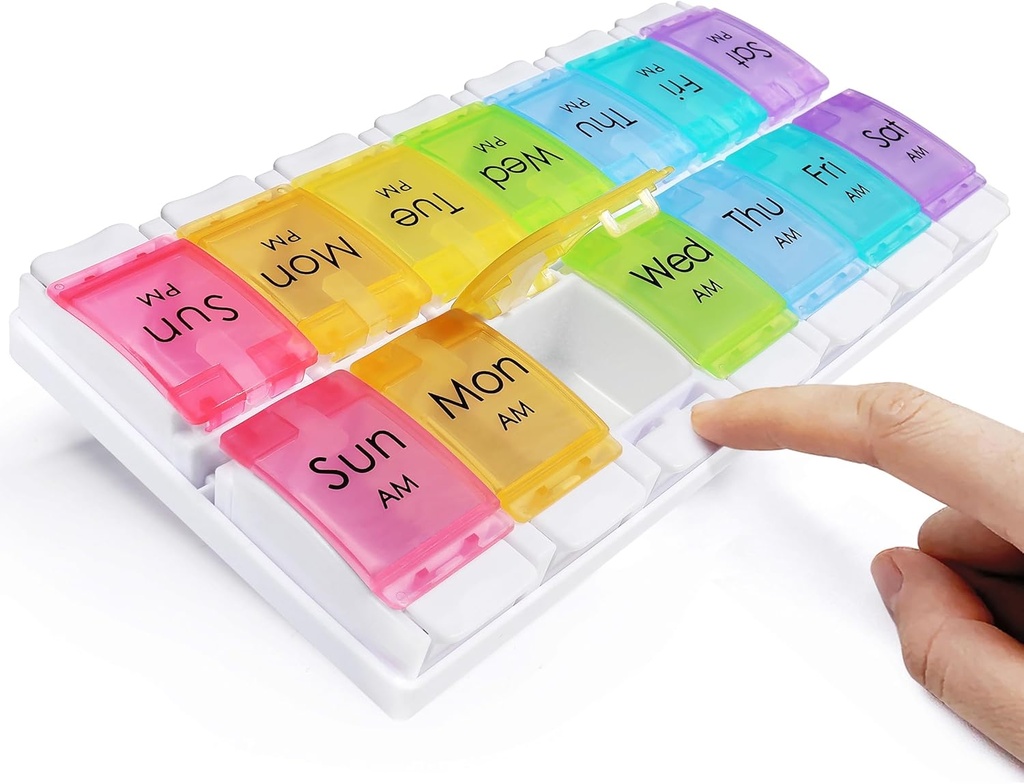 MOLN HYMY Large Pill Organizer 2 gange om dagen, AM PM Pill Box 7 Dag, 14 Dividers 2 Uge Medicin Pill Organizer med nem trykknap til medicin, Vitaminer, Fiskeolier, Kosttilskud
