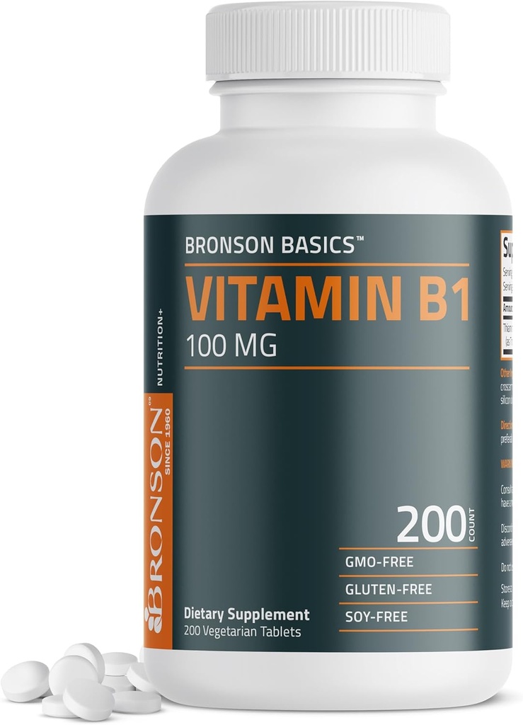 Bronson vitamin B1 100 mg, ikke- GMO, 200 vegetariske tabletter