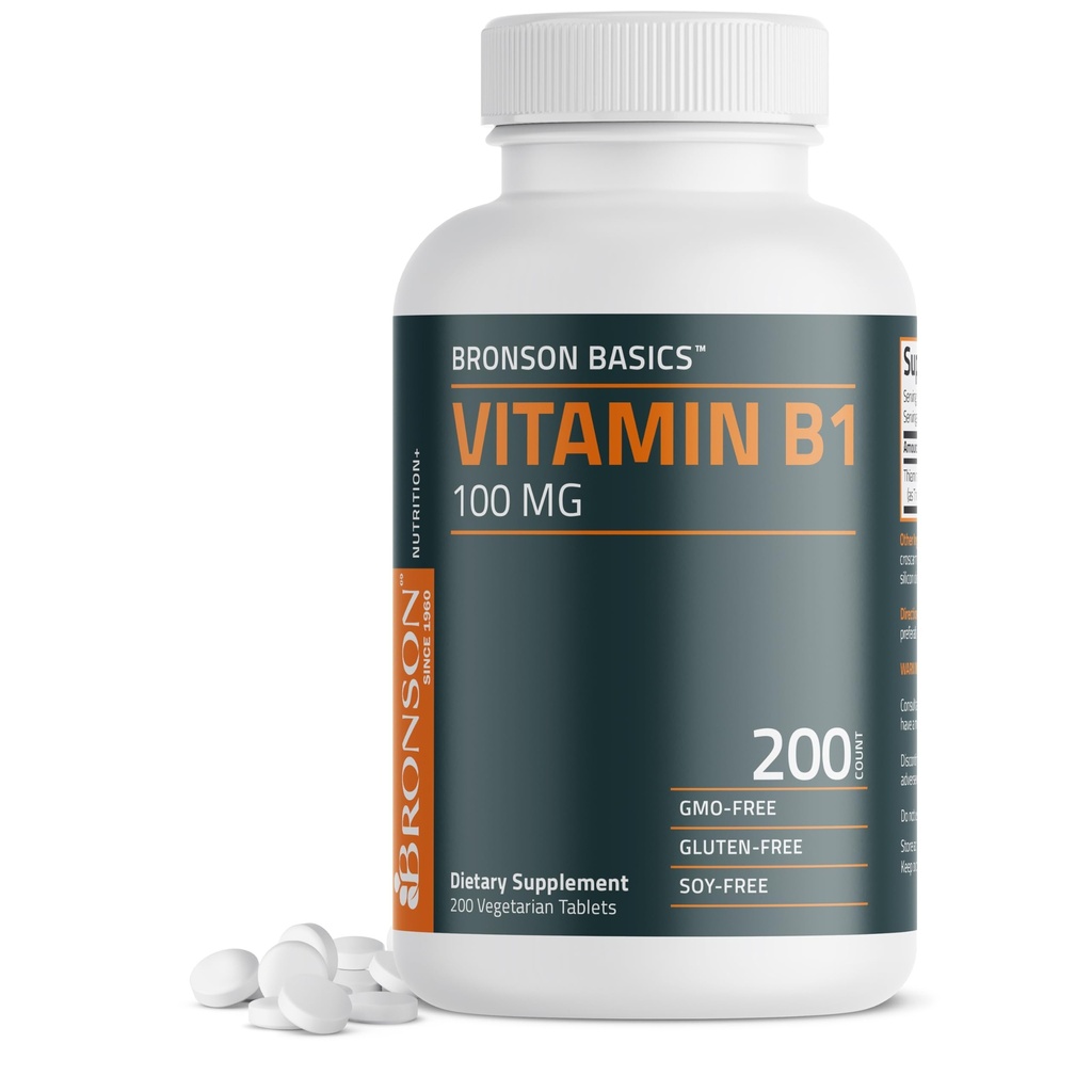 Bronson vitamin B1 100 mg, ikke- GMO, 200 vegetariske tabletter
