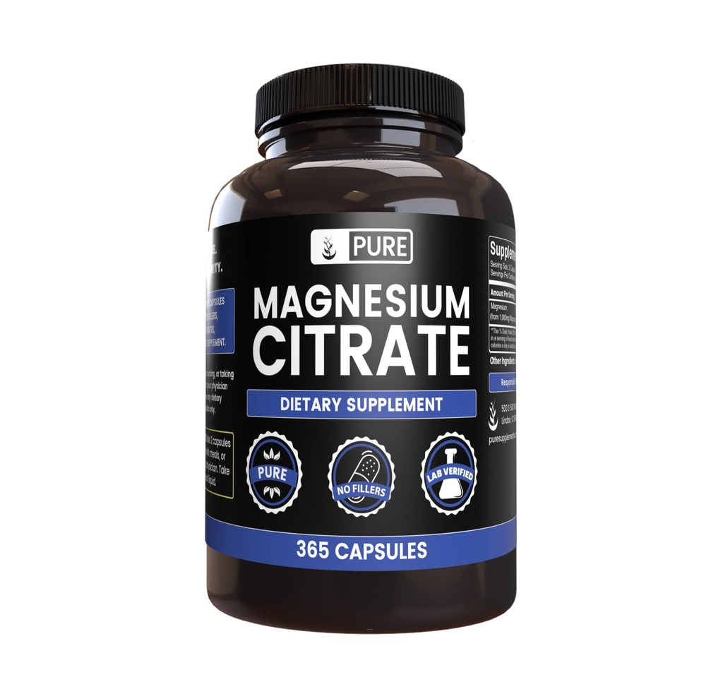 Pure Original Ingredienser Magnesium Citrate (365 kapsler) Ingen Magnesium eller ris Fyldere, Altid Pure, Lab Verified