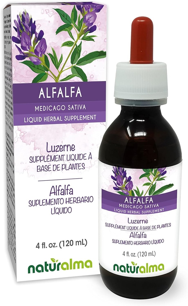 Naturalma Alfalfa eller Lucerne (Medicago Sativa) urt med blomster Alkohol- Free Tincture - Rich in Natural Chlorophyll - 4 fl oz Liquid Extract in Drops - Herbal Supplement - Vegan