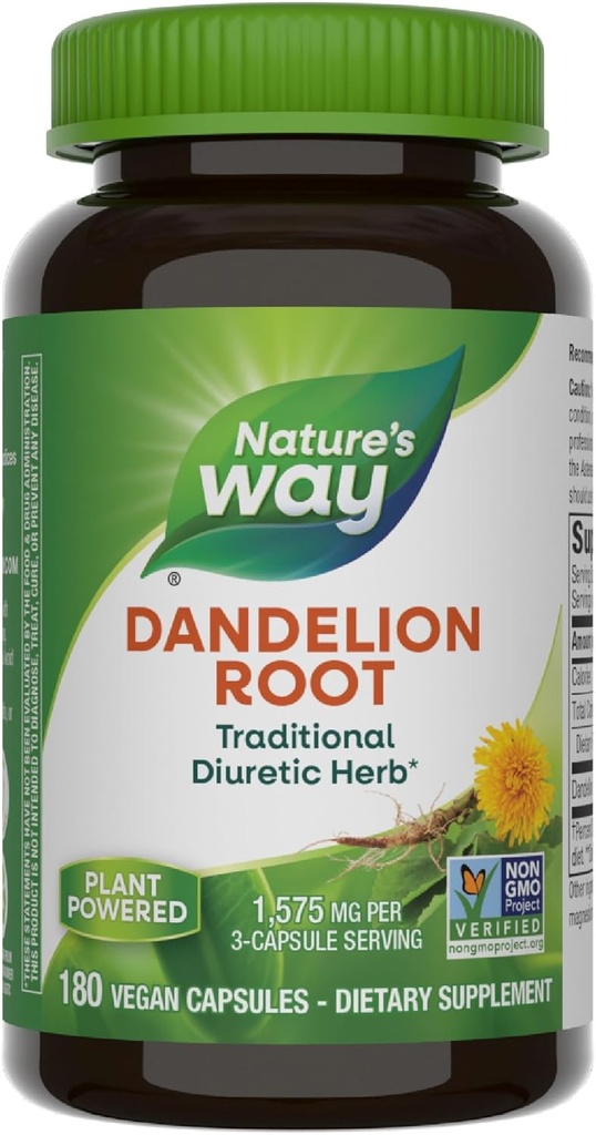 Nature 's Way Dandelion Root, Traditional Diuretic Herb *, Traditionelt brugt til Soothe fordøjelsesforstyrrelse *, Vegan, 180 kapsler (Packaging May Vary)