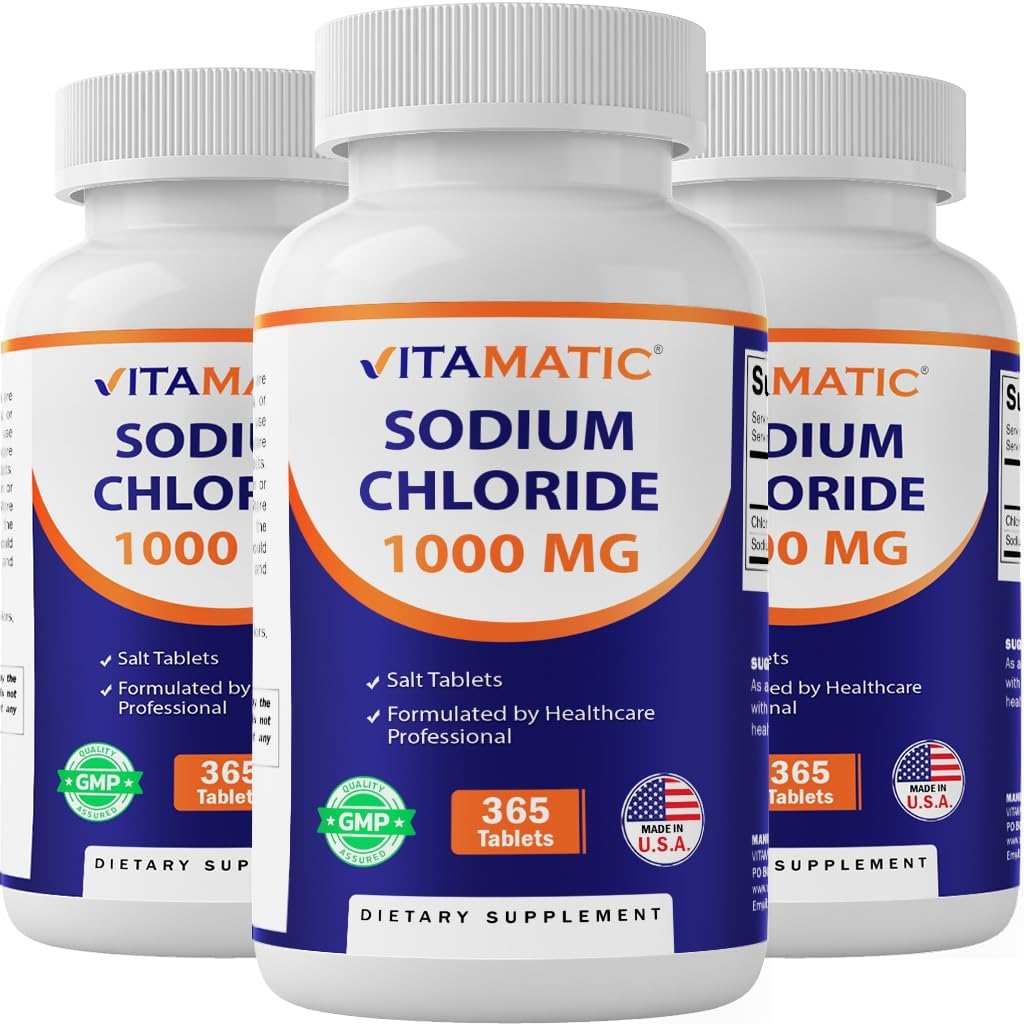 Vitamatisk natriumchlorid 1000mg - 365 tabletter Electrolyte Replenisher & Hydration Support - Non-GMO, Gluten- Free -3 flasker
