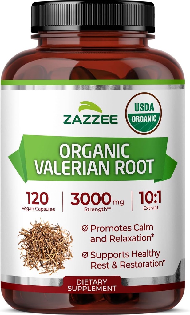 Zazzee USDA Organic Valerian Root 10: 1 Extract, 3000 mg Strength, 120 Vegan Capsules, 4 Måned Supply, Valeriana officinalis, 10X Potency, 100% Vegetar, All- Natural, Non- GMO, Made in The USA