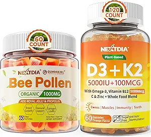 Bee Pollen for Breast Growth Organic 1000mg + Organic Plant D3 K2- 5X Absorption Than Standard D3K2