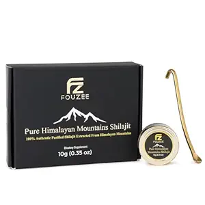 FOUZEE Pure Himalayan Mountains Shilajit - 77% + Fulvic Acid Authority, Naturlig kilde til Fulvic Acid, Over 85 Trace Minerals, Inkluderer rustfrit stål Spoon (10 Bedste)