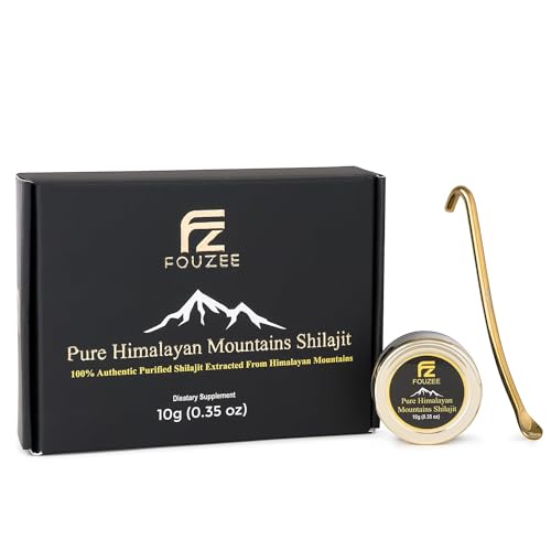 FOUZEE Pure Himalayan Mountains Shilajit - 77% + Fulvic Acid Authority, Naturlig kilde til Fulvic Acid, Over 85 Trace Minerals, Inkluderer rustfrit stål Spoon (10 Bedste)