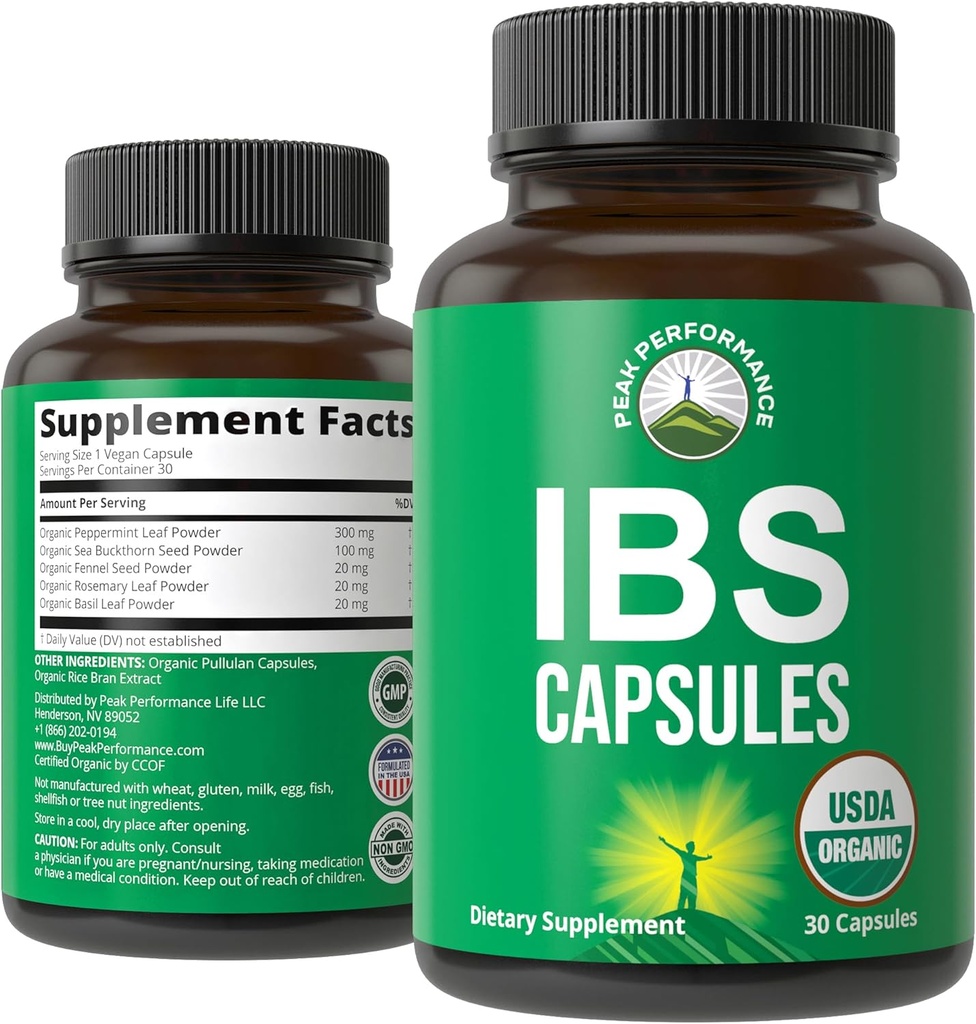 USDA Organic IBS Capsules for Relief, Ingestion, Bloating, Gas. Irritable Bowel Supplement with 5 Handpicked Organic Ingredients. Peppermint Oil, Sea Buckthorn, Fennel Seed, Rosemary Leaf, Basil Leaf