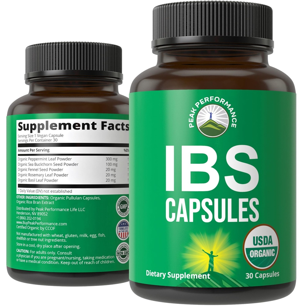 USDA Organic IBS Kapsler til Relief, Indtagelse, Bloating, Gas. Irritabel tarm supplement med 5 håndplukkede økologiske ingredienser. Pebermynte Oil, Sea Buckthorn, Fennel Seed, Rosemary Leaf, Basil Leaf