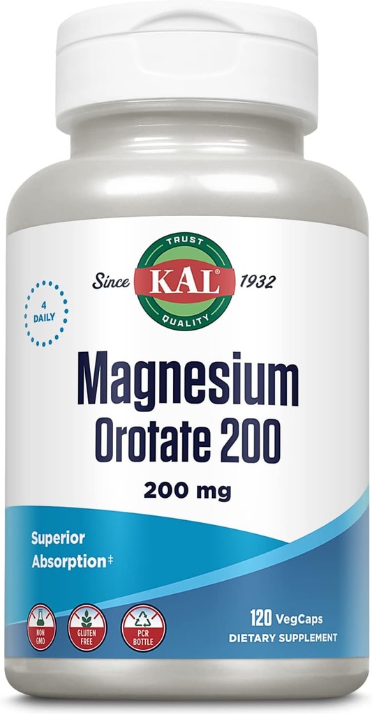 KAL Magnesium Orotere 200 mg, Superior Absorption Formel, Chelated Magnesium for sunde knogler, tænder, nerve og muskel funktion, Vegetar, Non- GMO, Gluten Free, 30 Servere, 120 VegCaps