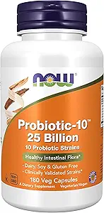 Now Foods, Probiotic- 10 ™, 25 Millioner, med 10 Probiotiske Strops, Dairy, Soy og Gluten Free, Strain Verified, 180 Veg Kapsler