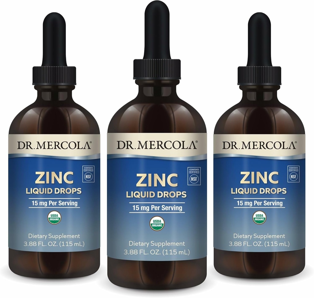 Dr. Mercola Zink Liquid Drops - Understøtter immun- og organsundhed - 15 mg Organic Zink Liquid Drops - USDA Organic - NSF Certified - Non- GMO, Gluten- Free & Soy- Free - 3,88 fl oz (3 Pack)