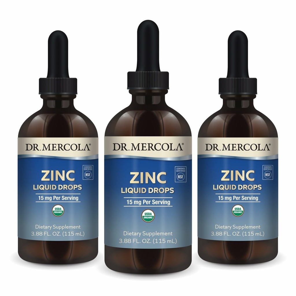 Dr. Mercola Zink Liquid Drops - Understøtter immun- og organsundhed - 15 mg Organic Zink Liquid Drops - USDA Organic - NSF Certified - Non- GMO, Gluten- Free & Soy- Free - 3,88 fl oz (3 Pack)