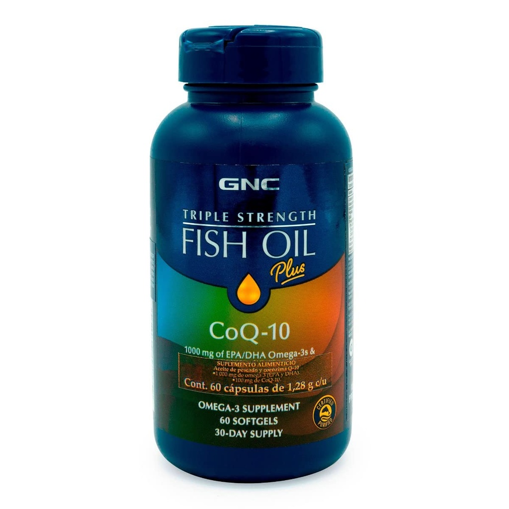 GNC Triple Strength Fish Oil Plus CoQ10 Omega 3 Supplement, 1000mg EPA og DHA, 100mg CoQ10, Heart and Circulatory Health, Plus Skin, Joint, Brain, og Eye, Overtrukket til kontrol Fishy Burps, 30 Servere