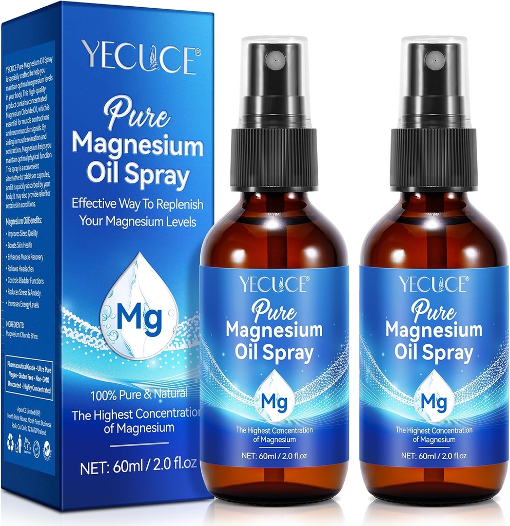 2Pack Pure Magnesium Oil Spray, 100% Natural Magnesium Spray - Organic Magnesium Body Spray - Topical Magnesium Spray in Glass Bottle, Magnesium Oil for Feet, Enhances Muscle Recovery - 4 Fl.Oz