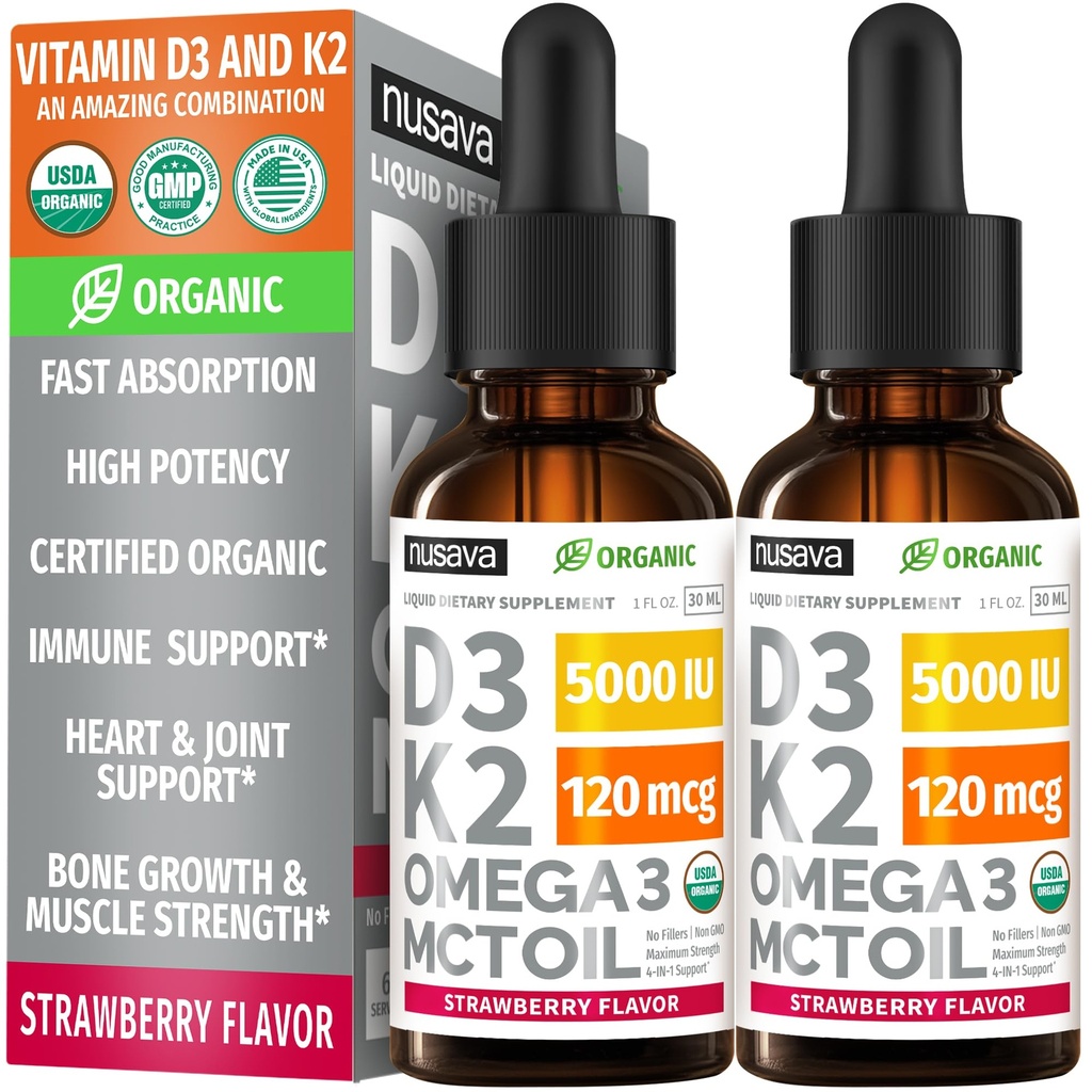 (2 Pack) Organic Vitamin D3 K2 Drops 5000 IE med MCT Oil Omega 3 - Maksimum Strength Liquid D3 med ingen Fylder, Non- GMO for Hurtigere Absorption, immunforsvar (Strawberry, 2 Fl Oz)