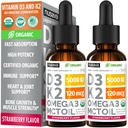 (2 Pack) Organic Vitamin D3 K2 Drops 5000 IE med MCT Oil Omega 3 - Maksimum Strength Liquid D3 med ingen Fylder, Non- GMO for Hurtigere Absorption, immunforsvar (Strawberry, 2 Fl Oz)