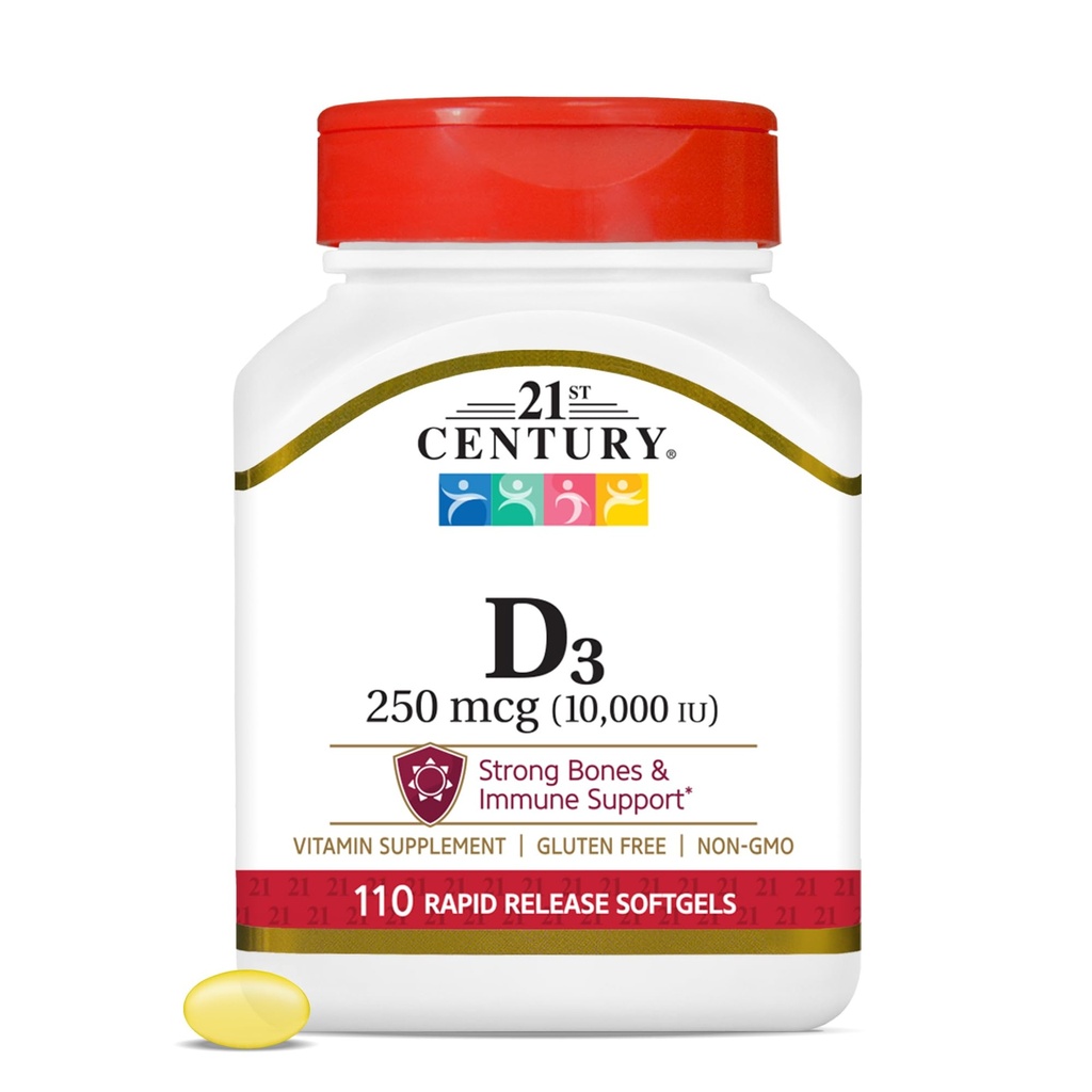 21. århundrede Vitamin D3 250 mikrogram (10. 000 IE) Rapid Release Softels, 110 Count
