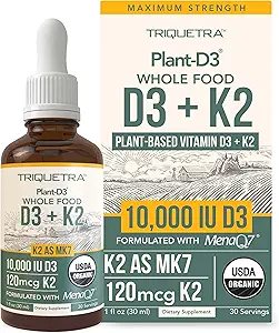 Organic Plant D3 + K2 - 10.000 iu - All- Trans MK7 fra MenaQ7 (120 mcg K2) 100% Organic & Plant- Based Sublingual D3 Drops (Cholecalciferol), 100% Vegan - Understøtter Immunitet, Ben, Mood & Brain (2 Pack)