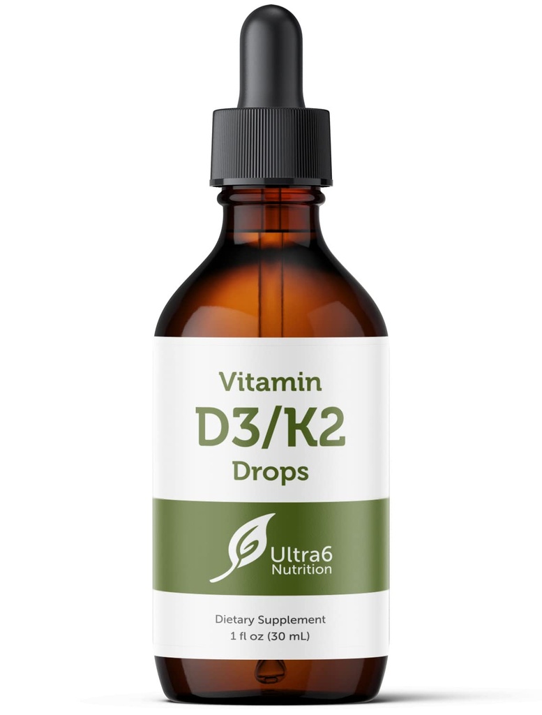 Ultra6 Nutrition Vitamin D og K2 Drops - Flydende Vitamin D3 med K2 Kosttilskud til voksne - Easy- to- Take, Flavor- Free, Meget Absorbable VIT D3 og K2 Kosttilskud, Made in USA (30 ml)