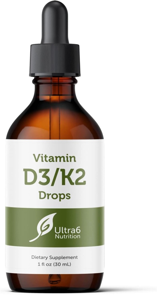 Ultra6 Nutrition Vitamin D og K2 Drops - Flydende Vitamin D3 med K2 Kosttilskud til voksne - Easy- to- Take, Flavor- Free, Meget Absorbable VIT D3 og K2 Kosttilskud, Made in USA (30 ml)