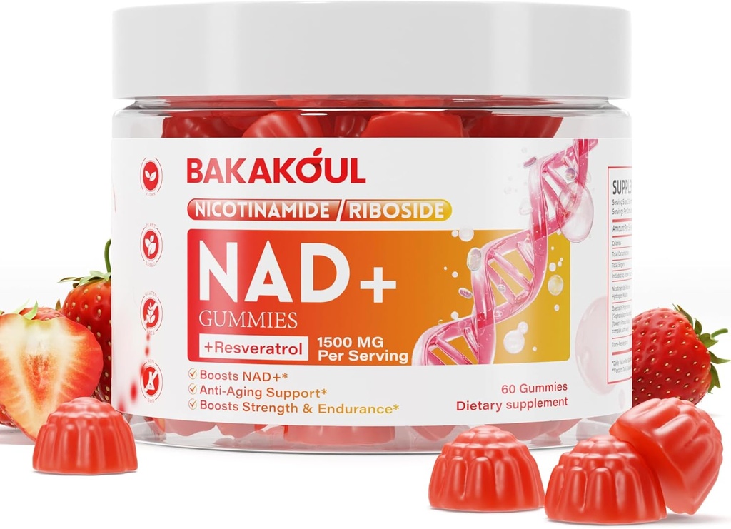 NAD Gummies, NAD Supplement - Liposomal Nicotinamid Riboside, Resveratrol, Quercetin, NAD Nicotinamid Riboside Resveratrol 900mg, NAD + Tillæg for mænd og kvinder, 60 Gummies 1 Pack