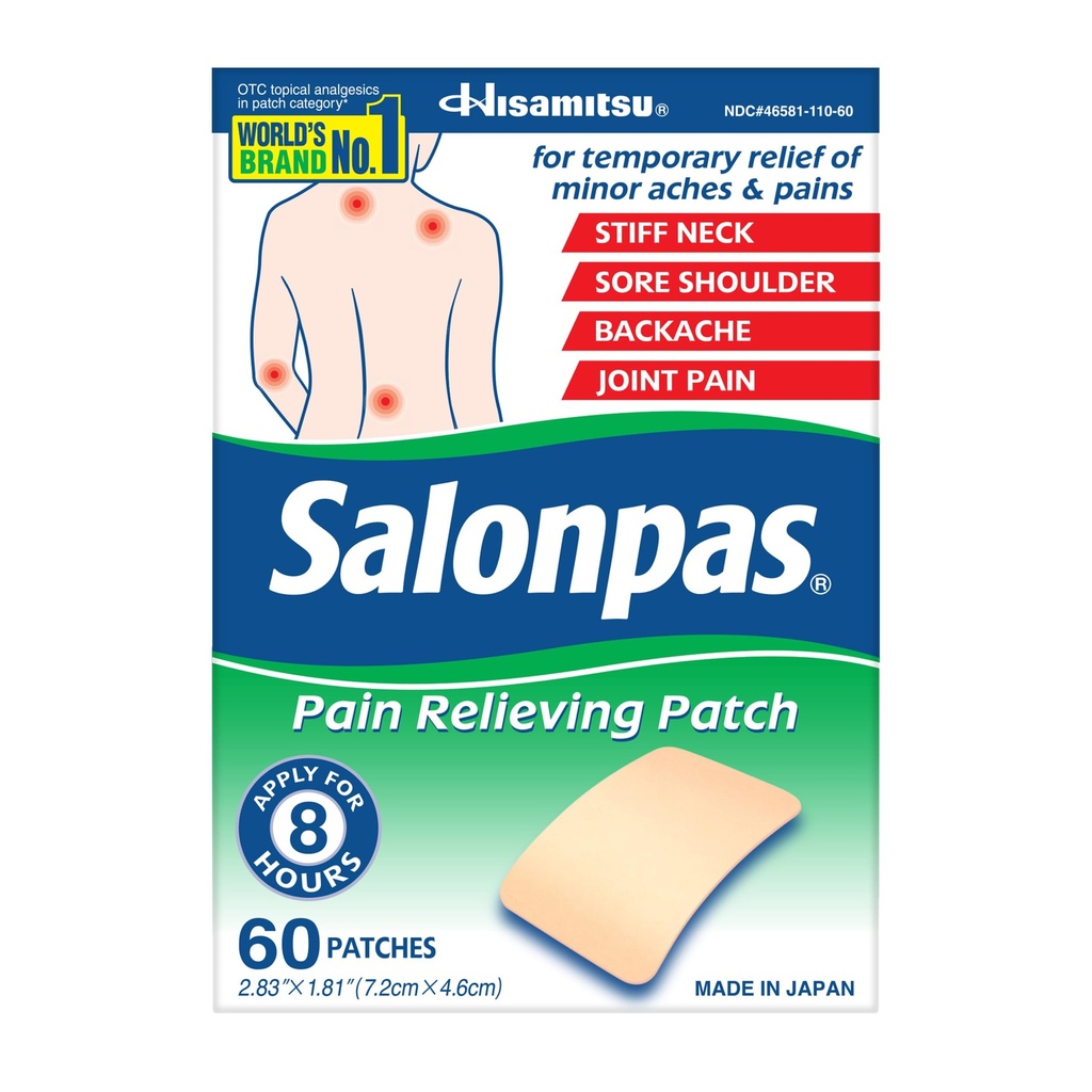 Salonpas smertestillende lappe til ryg, hals, skulder, knæsmerter og muskelømhed - 8 timers smertelindring - 60 greve